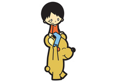 騎在卡通熊頭上的小男孩簡筆畫